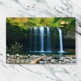 Forest Waterfall and Rocky Pool canvas artwork displayed on a marble background