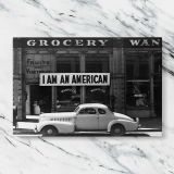 I Am an American Vintage Street Photograph canvas artwork displayed on a marble background