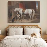 White Horse and Dogs in a Stable canvas wall art in room setting 6