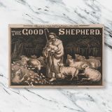 The Good Shepherd Vintage Christian Illustration canvas artwork displayed on a marble background
