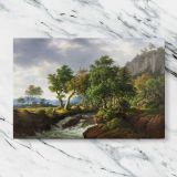 Rocky Stream and Woodland Landscape canvas artwork displayed on a marble background
