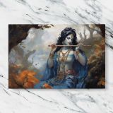 Krishna Playing the Flute canvas artwork displayed on a marble background
