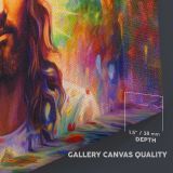 Colourful Psychedelic Jesus Portrait canvas texture and wrapped edge closeup