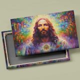 Colourful Psychedelic Jesus Portrait canvas front and rear frame view