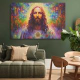 Colourful Psychedelic Jesus Portrait canvas wall art in room setting 4