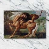 A Lion Attacking a Horse canvas artwork displayed on a marble background