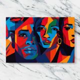 Colourful Geometric Portraits of Women canvas artwork displayed on a marble background