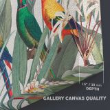 Tropical Macaws and Botanical Leaves canvas texture and wrapped edge closeup