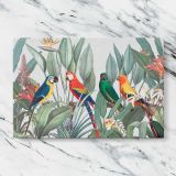 Tropical Macaws and Botanical Leaves canvas artwork displayed on a marble background