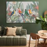 Tropical Macaws and Botanical Leaves canvas wall art in room setting 4