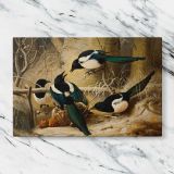 Magpies round a dead female capercaillie canvas artwork displayed on a marble background