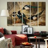 Magpies round a dead female capercaillie canvas wall art in room setting 5