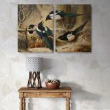 Magpies round a dead female capercaillie canvas wall art in room setting 6
