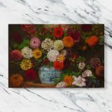 Dahlias in a Blue and White Vase canvas artwork displayed on a marble background