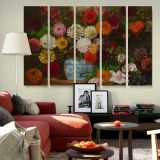 Dahlias in a Blue and White Vase canvas wall art in room setting 6