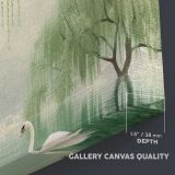White Swan beneath Willow Trees canvas texture and wrapped edge closeup