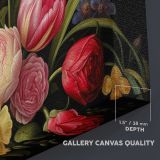 Tulips and Roses on Black canvas texture and wrapped edge closeup