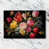 Tulips and Roses on Black canvas artwork displayed on a marble background
