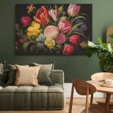 Tulips and Roses on Black canvas wall art in room setting 4