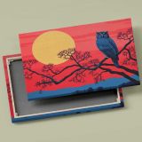 Blue Owl beneath a Golden Moon canvas front and rear frame view