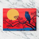 Blue Owl beneath a Golden Moon canvas artwork displayed on a marble background