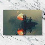 Orange Moon over a Misty Forest Lake canvas artwork displayed on a marble background