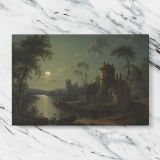 Moonlit River Scene with Classical Ruins canvas artwork displayed on a marble background