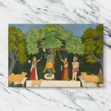 Krishna Entertains His Companions canvas artwork displayed on a marble background