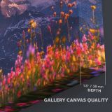 Alpine Mountain and Wildflowers at Sunset canvas texture and wrapped edge closeup