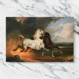Horses beneath Storm Clouds canvas artwork displayed on a marble background