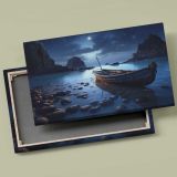 Wooden Boat on a Moonlit Shore canvas front and rear frame view