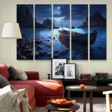 Wooden Boat on a Moonlit Shore canvas wall art in room setting 6