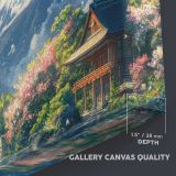 Mount Fuji Lake and Blossom Trees canvas texture and wrapped edge closeup
