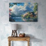Mount Fuji Lake and Blossom Trees canvas wall art in room setting 7