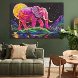Neon Elephant beneath a Golden Moon canvas wall art in room setting 4
