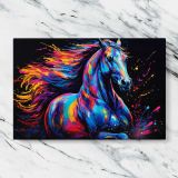 Colourful Horse on Black canvas artwork displayed on a marble background