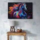 Colourful Horse on Black canvas wall art in room setting 7