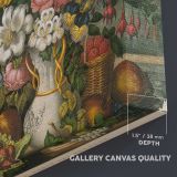 Fruit and Flowers in a Classical Garden canvas texture and wrapped edge closeup