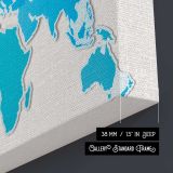Blue World Map on White canvas texture and wrapped edge closeup