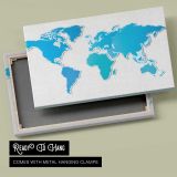 Blue World Map on White canvas front and rear frame view