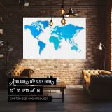 Blue World Map on White canvas wall art in room setting 4