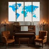 Blue World Map on White canvas wall art in room setting 5