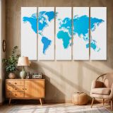 Blue World Map on White canvas wall art in room setting 6