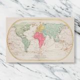 Vintage Oval World Map canvas artwork displayed on a marble background