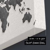 Black Geometric World Map canvas texture and wrapped edge closeup