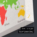 Colourful World Continents Map canvas texture and wrapped edge closeup
