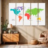 Colourful World Continents Map canvas wall art in room setting 6