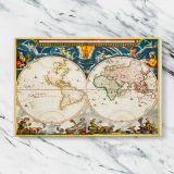Decorative Double Hemisphere World Map canvas artwork displayed on a marble background