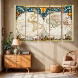 Decorative Double Hemisphere World Map canvas wall art in room setting 6