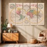 Pastel Double Hemisphere World Map canvas wall art in room setting 6